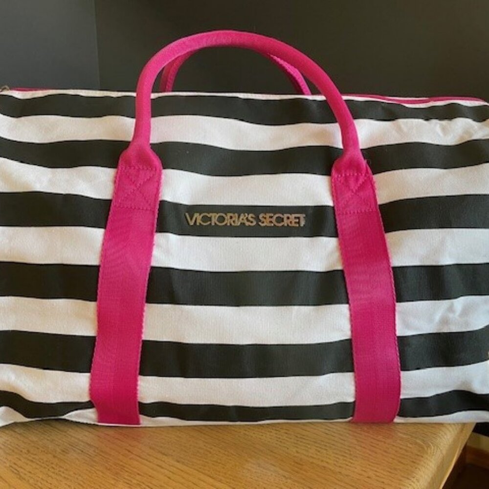 Victoria’s Secret BLACK & WHITE STRIPED TOTE BAG With PINK Adjustable Strap NEW
